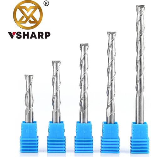 Vsharp CNC Engraving Router Bit Flat Nose End Mill 2 Two Flutes Spiral Upcut Milling Cutter Tool Carbide Bits for Wood MDF PVC