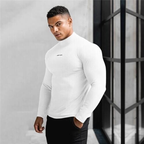 New Gym Brand Mens Casual Clothing Fitness Breathable Bodybuilding Fashion Trend Long Sleeve Slim Sports Middle Collar T Shirt