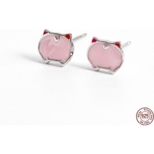 LKO Cute Pink Piggy Stud Earrings 925 Sterling Silver Animal Back Shadow Chic Personality Earrings For Women Accessories