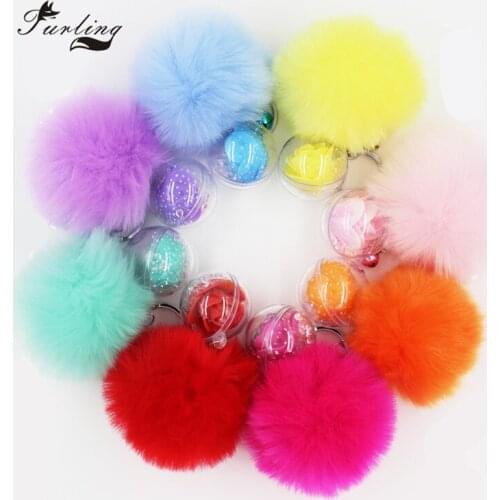 Furling 1pc Faux Rabbit Fur Pom Pom Keychain with Immortal Flowers Decor Acrylic Ball