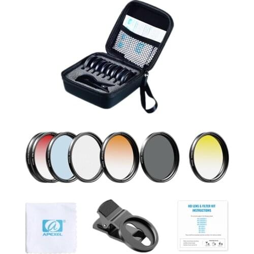APEXEL 7 In 1 Phone Camera Lens Kit Camera Lens CPL/ND Filters And Red/Yellow Filter For All Smartphones