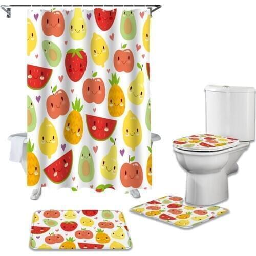 Cartoon Fruit Cute Strawberry Shower Curtains Set Bath Mat Set Toilet Cover Waterproof Bathroom Shower Curtain and Rug Sets