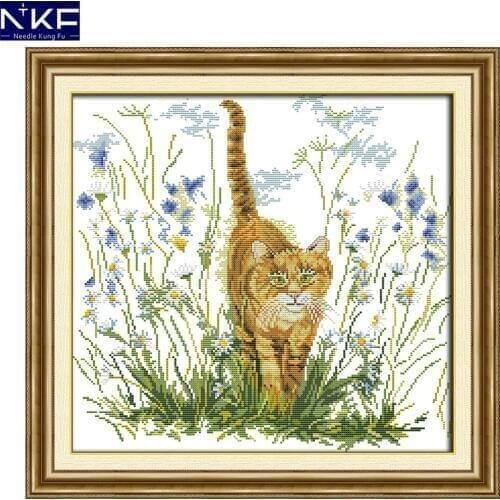 NKF The Cats Warning Pattern DIY Handmade Craft Needlework Cross Stitch Set Embroidery Kit Animal Design Stitching Home Decor