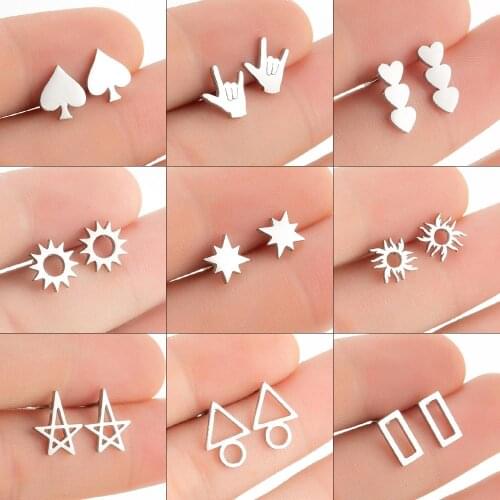 New trendy silver color stainless steel geometric heart cherry flower mushroom small stud earrings for women girl jewelry gift