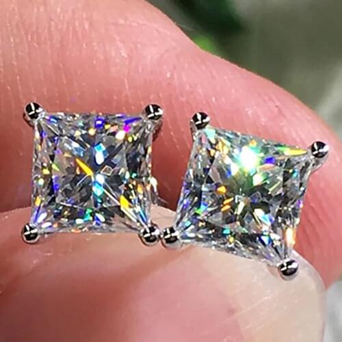 18K White Gold 2 Carat Stud Earrings Women Present Wedding Anniversary Engagement Party 1ct Square Princess Moissanite Diamond