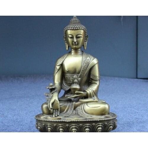 8" Tibet Temple Pure Copper Bronze Sit Medical God Menla Medicine Buddha Statue
