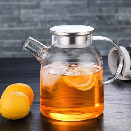 1L/1.5L Transparent Glass Teapot Heat Resistant Flower Kettle Water Jug with Bamboo/Stainless Steel Cover Clear Juice Container