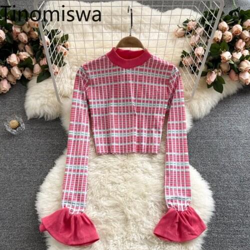 Tinomiswa Korean Chic Y2K T Shirt Women Vintage All-match Plaid T Shirts Autumn New O Neck Long Sleeve Short Tops Graphic Tees