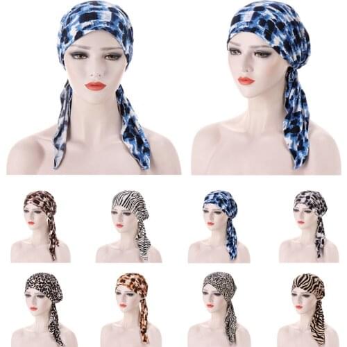 New Muslim Hijab Turban Leopard Print Chemo Cap Women Long Tail Head Scarf Stretch Cancer Hat Hair Loss Cover Beanie Bonnet Wrap