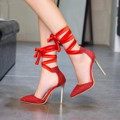 Big Size ladies high heels women shoes woman pumps Baitao pointed shallow lace slim-heeled single shoe