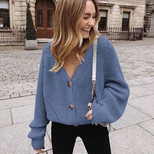 Women Knitted Cardigans Solid Color Sweater Fashion Autumn Long Sleeve Loose Coat Casual Button Thick V Neck Solid Female Tops