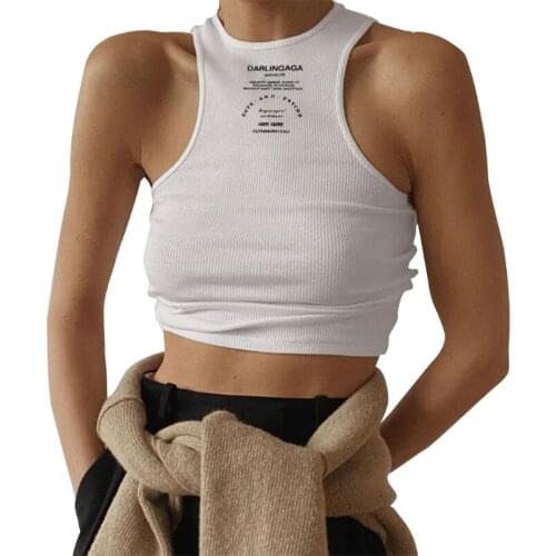 H9ED Women Summer Sleeveless O-Neck Crop Tank Top Harajuku Letters Print Ribbed Knit Slim Mini Vest Sexy Racerback Off Shoulder