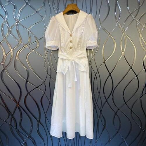 2021 Summer Fashion Style Dress High Quality Women V-Neck Buttons Front Short Sleeve Mid-Calf Length White Rose Red Black Dress