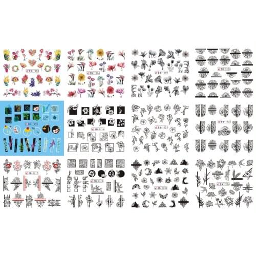 12 Sheets/Lot Nail BN1213-1224 Line Black Flower Nail Art Water Sticker Decal For Nail Water (12 DESIGNS IN 1)