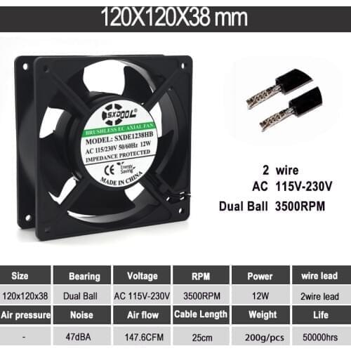 120mm EC motor fan 12cm AC 115V 230V 120X38mm 12W Dual Ball 3500RPM 147CFM industrial cabinets chassis cooling fan