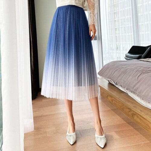 2021 Spring Skirt Model Gold Gradient Mesh Korean Version High Waist Thin Mesh Pleated Skirt