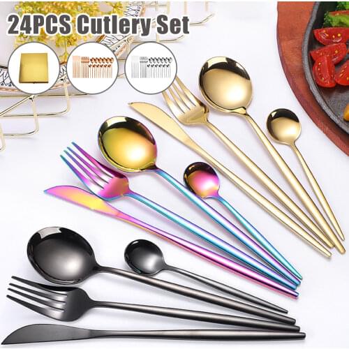 24pcs/set Black Dinnerware Set Stainless Steel Cutlery Fork Knife Spoon Tableware Flatware Set Silverware Set Gift Box