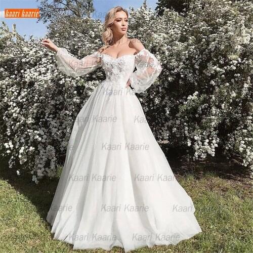 Bohemian White Wedding Dresses 2021 Vestido De Noiva A Line Tulle Lace Appliqued Bridal Gowns Long Puff Sleeves Suknia Slubna