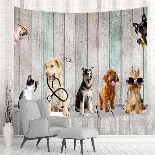 Pet Animals Dog with Cat on Rustic Colorful Wooden Wall Tapestry
