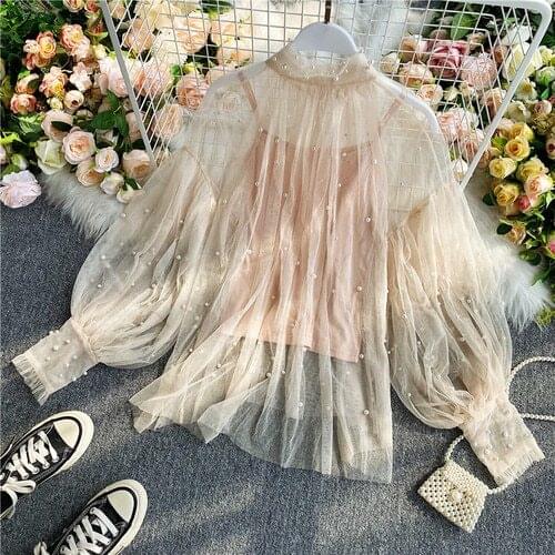 Lace Shirt Perspective Mesh Beads Long Sleeve Stand Neck Blouse Tops + Solid Basic Sling Vest 2020 New Women Shirt 4D305