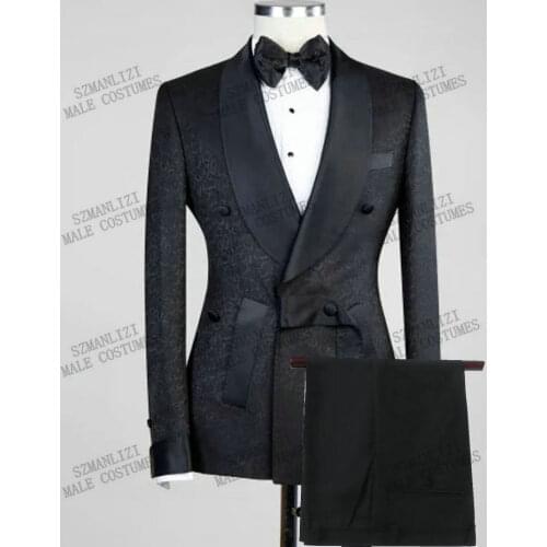 2021 Fashion Design Black Floral Mens Wedding Suit Double Breasted Slim Fit Prom Groom Tuxedo Bridegroom Best Man Blazer Pants