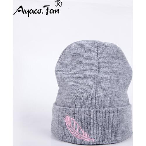 Soft Knitted Cap Female Womens Cotton Beanies for Girl Winter 2019 New Embroidery Leaf Warm Hats Solid Bonnet Autumn Skullies