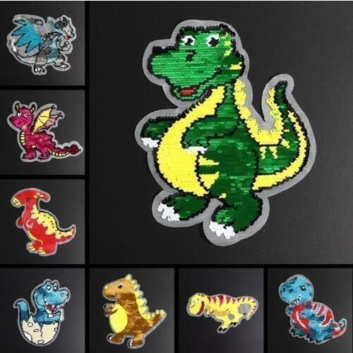 Cartoon Dinosaur Reverse Sequins Sew On Patches for Clothes Coat Sweater Embroidered Change Color Reversible Patch Appliques