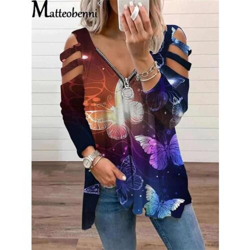 New Autumn Butterfly Print Long Sleeve Tops Vintage V Neck Zipper Hollow Pullover Shirt Casual Loose Plus Size Womens T-Shirt