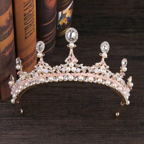 New Wedding Hair Accessories Luxury Pink Rhinestone Crystal Pearl Crown Handmade Tiara Bride Crown Hair Accessories Queen Tiara