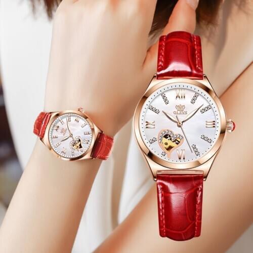 OLEVS Red Women Mechanical Watches Automatic Leather Wristwatch Self-wind Gifts for Women Christmas watch set Relogios Femininos