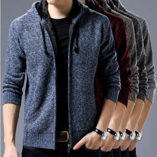 Autumn winter thickening type pure color long sleeve hooded cardigan sweater youth mens knitted coat