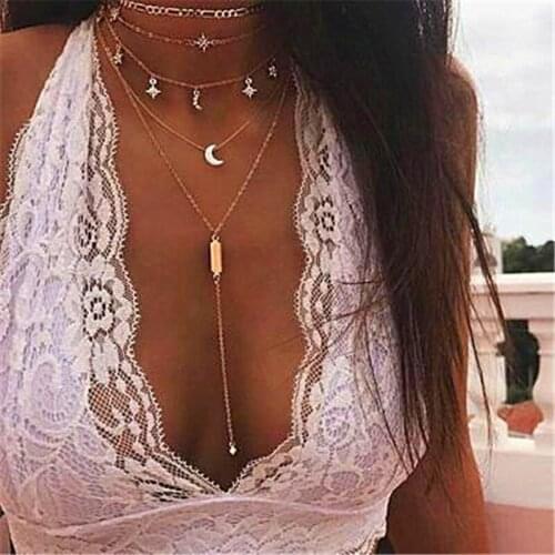 4 Pcs/Set Bohemia Personality Crystal Star Moon Women Choker Necklace Multi Layer Gold Color Tassel Necklace Jewelry Accessories