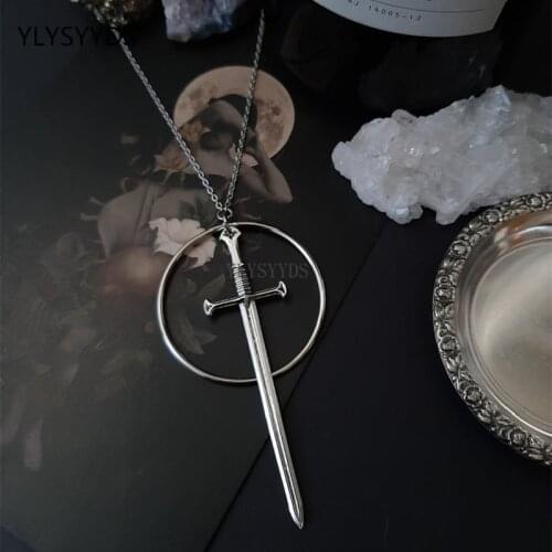Gothic Swords Hoop Necklace Witchy Warior Pagan Viking Alternative Goth Medieval Pendant Jewelry Long Gothic Classical Gift Men