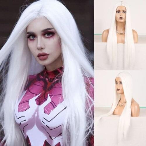 Cosplay Wig Silky Straight Synthetic Heat Resistant Fiber Hair Wig Middle Part with Baby Hair Whiter Color Girls Women