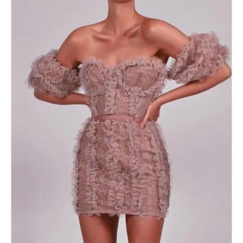 Trendy Champagne Mini Dress Ruched Design Sexy tight Lace Off Shoulder Celebrity Party club going out designer dresses runway