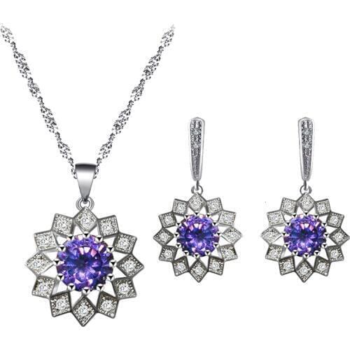 Silver plated Purple Zircon Earrings Necklace Pendant Jewelry Set Fashion Classic Business Gift JS833