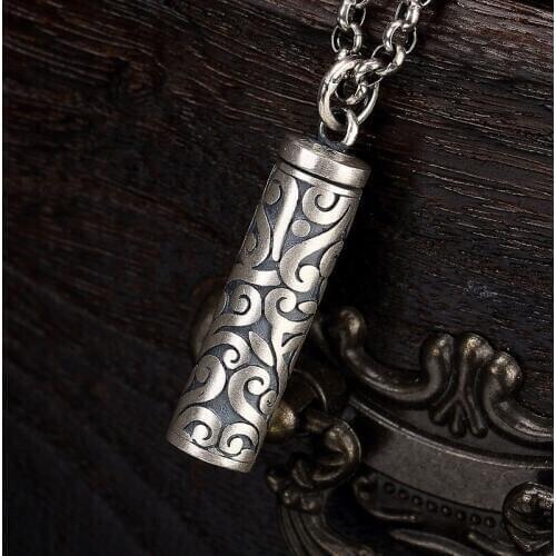Rock 990 Sterling Silver Buddhism Surangama Mantra Pendants Necklaces Vintage Tube Necklaces Storage Case Urn Jewelry