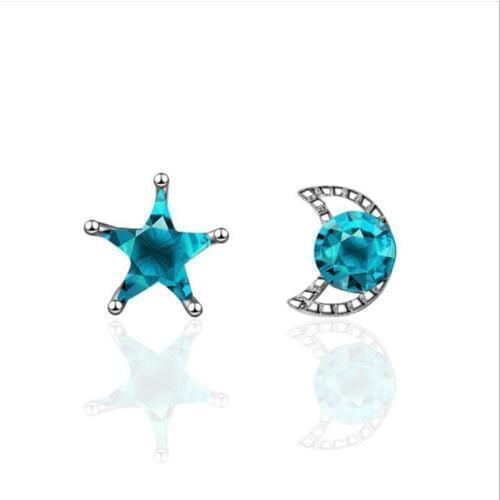 KOFSAC New Fashion 925 Silver Earring Charming Blue Crystal Moon Star Stud Earrings For Women Girl Engagement Party Jewelry Gift