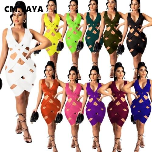 CM.YAYA Women Croset Criss Hollow Out Sexy Bodycon Midi Dress Sleeveless V-neck Tank Cut Out Pencil Night Party Dresses