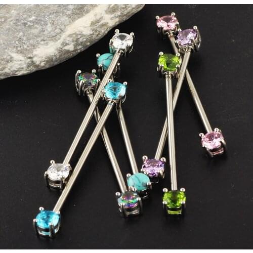 TIANCIFBYJS 14G Stainless Steel Industrial Barbell Cartilage Helix Conch Zircon Earring Body Piercing Jewelry For Women Men 1pcs