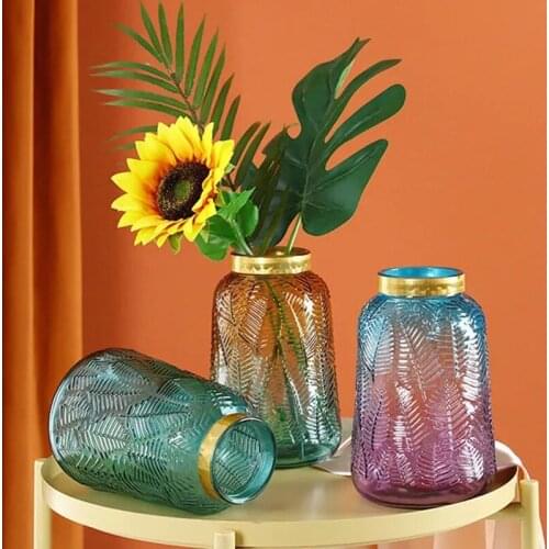 Gradient Color Maple Glass Vase Living Room Relief Vase Flower Hydroponic Accessories Table Vases Container Home Decoration