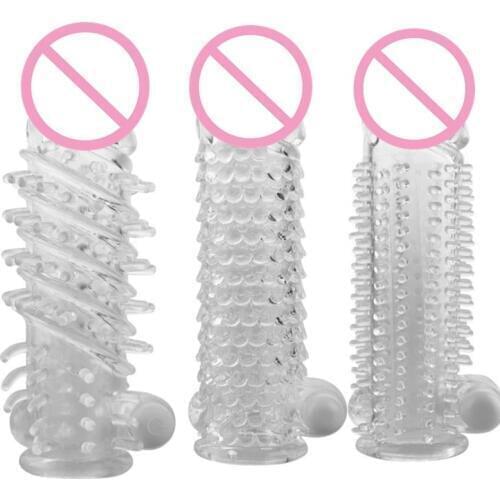 Vibrator Penis Sleeve Reusable Condom Delay Long Sleeve Crystal Spike Dildos Vibrating Penis Sleeves Sex Toys for Men