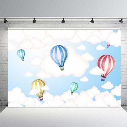 Vinyl Photography Backgrounds Watercolor Cloud Blue Sky Hot Air Balloon Birthay Party Decor Children Kids Backdrop Photo Studio