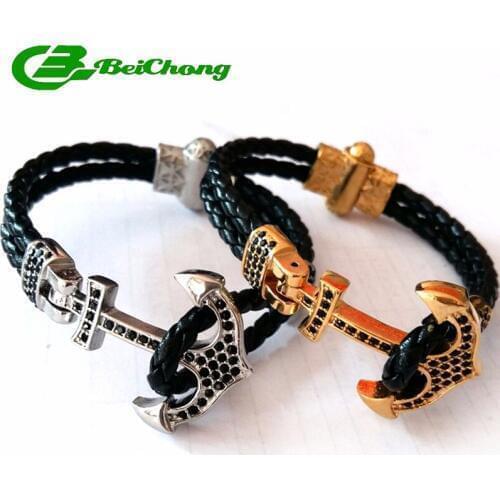 10pcs)Beichong Fashion Atolyestone Stainless Steel Black CZ Stone Anchor with 4mm Black Leather Bracelets & Bangles