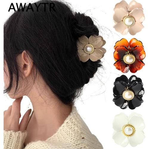 AWAYTR Flowers Pearls Hair Claws Crabs Clips Solid Color Hair Clamps Ponytail Barrette Hairpin For Women Hair Accessories