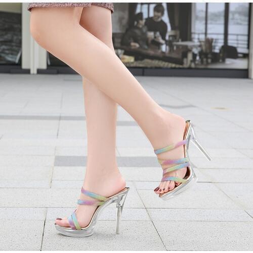Crystal Ladies Slippers Half - drag Rainbow Sexy Summer Fashion Party High heels 12CM Shoes Open Toe Platform Female Slippers