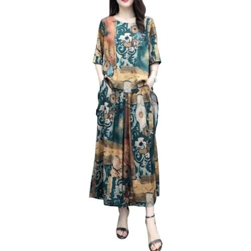 Women Pant Sets Retro Floral Short Sleeve Round Neck Loose Fit T-shirt Blouse Wide Leg Pants Set Streetwear костюм женский