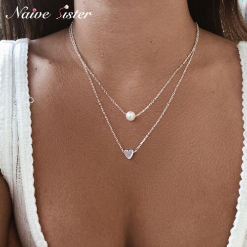 Simple Long Women Layered Pearl Heart Pendant Necklace Gold Silver Color Jewelry Statement Female Choker Gift Collares Mujer