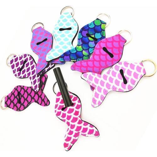 1pc Mermaid Tail Girl Lipstick Keychains Neoprene Chapstick Cover Holder Sleeve Keychain Key Ring Key Chain Women Gifts