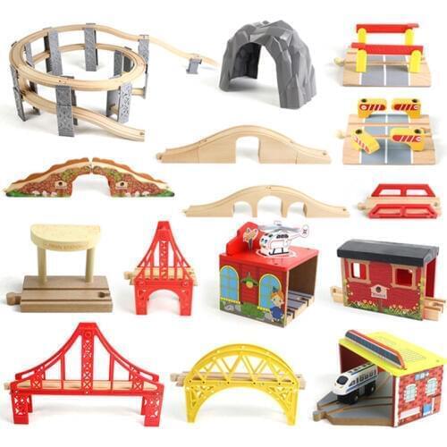 2019 new DIY Montessori Wooden Track Wooden Railway Accessories Train Track Railway Accessories Bus Station Rainbow Bridge Track